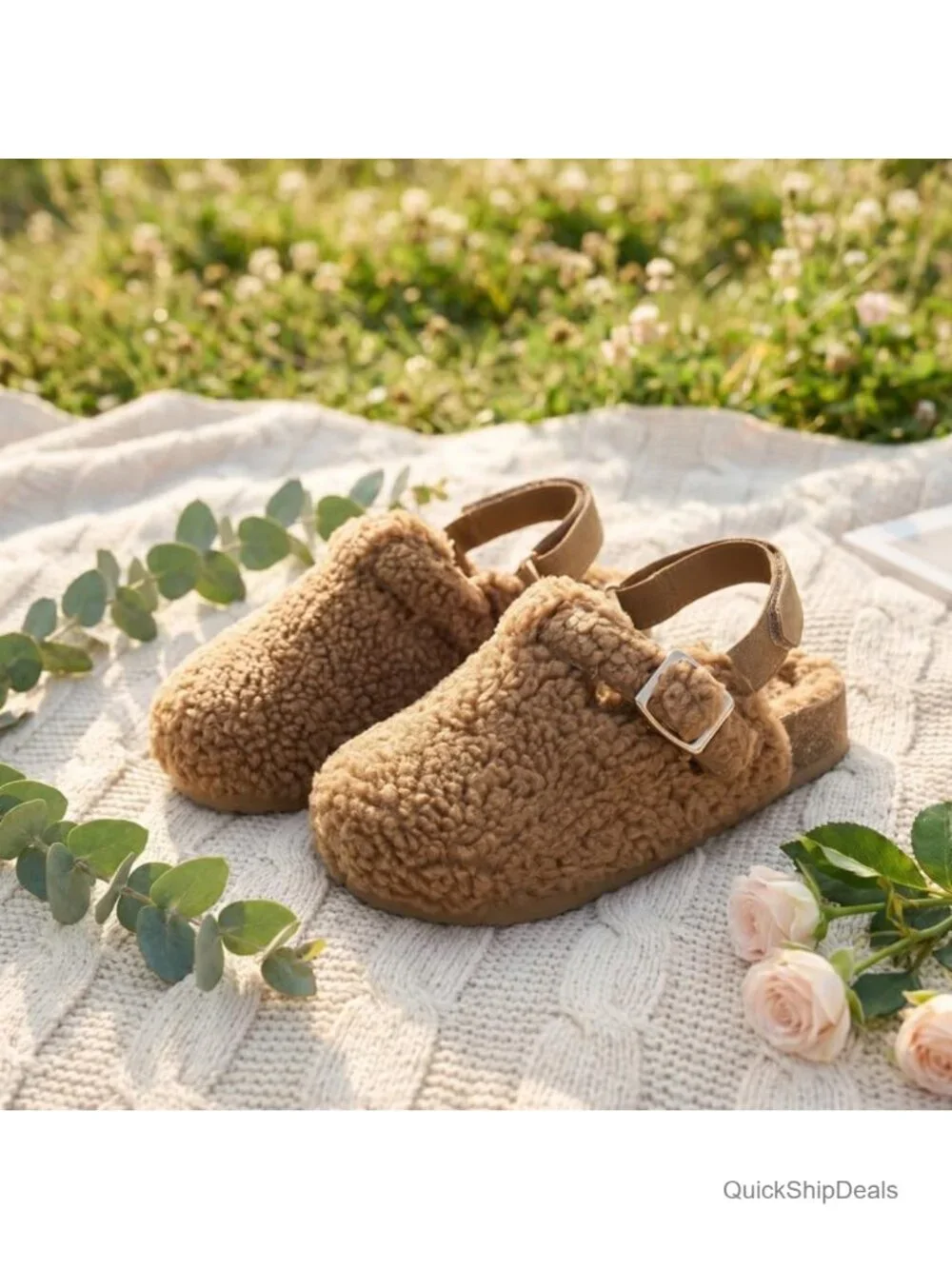 Girls Faux Fur Clogs with Cork Footbed and Adjustable Buckle